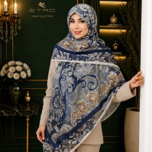 روسری نخی اسپان طرح فرفورژه سرمه ای طلایی سایز ۱۴۰